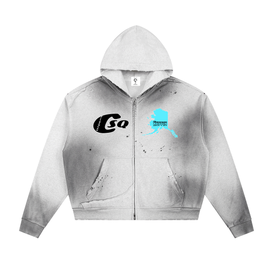 AlaskanBreedRep-Sun Fade Frayed Raw Edge Fleece Zip Hoodie